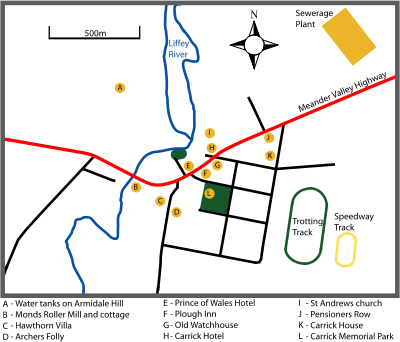 Town map showing some landmarks and historic buildings