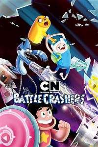 On the top, Finn is smashing something with Jake in the shape of a hammer. Below Finn is Mordecai shooting bolts of lightning with a power glove and Steven Universe with a bubble shield. There is broken glass surrounding this situation with Uncle Grandpa, Clarence and Gumball in it.