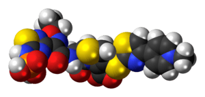 Space-filling model of the ceftaroline fosamil molecule as a zwitterion