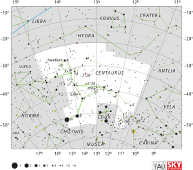 Diagram showing star positions and boundaries of the Centaurus constellation and its surroundings