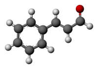 Ball-and-stick model of the cinnamaldehyde molecule