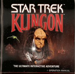 Gowron holding a D'K Tahg knife with various Klingon scenes in the background.