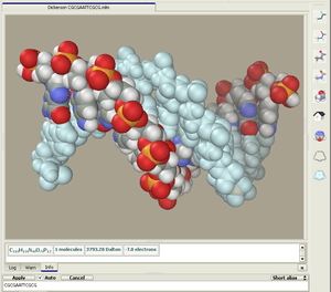 Computer rendering of colored space filling molecular diagram of deoxyribonucleic acid (DNA) made with Ascalaph Designer