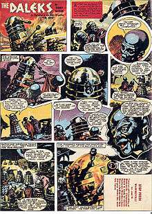 A comics page with eleven panels. The first panel contains the title "The Daleks" in jagged white letters. Subsequent panels show Dalek cylinders (slightly narrower than those depicted in previous images) and blue-skinned humanoids with bulbous heads. The last panel shows a gold-coloured Dalek-like shape with a large spherical top.