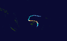 A map of a tropical cyclone taking a track through Fiji that resembles an S.