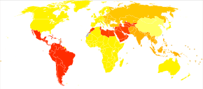 Color coded map displaying caries experience throughout the world.