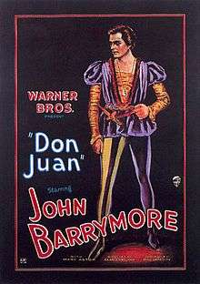 Illustration of a man dressed in an orange-and-purple Elizabethan costume with puffy shoulders and sheer leggings. Accompanying text provides film credits, dominated by the name of star John Barrymore.