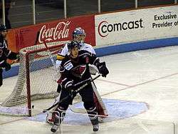 South Carolina Stingrays forward Spencer Carbery awaits a pass in front of the Cincinnati Cyclones goal. Cyclones at Stingrays, 3-7-2010.