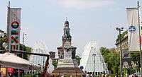 Expo entrance, with a central statue of a man on a horse