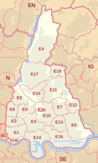 E postcode area map, showing postcode districts, post towns and neighbouring postcode areas.