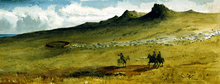 Three men in horseback examine a pastoral settlement