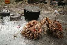 Two fruit clusters next to a black pot all lying on the ground