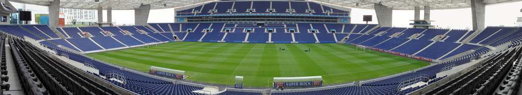 Panorama of a stadium as seen from one of the main stands