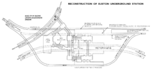 diagram of station layout below ground showing the six crossing tunnels of the three lines passing through Euston station.