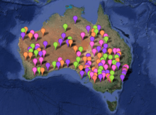 Locations of Bureau of Meteorology operated weather stations which recorded a temperature of 45°C or above during January 2013.