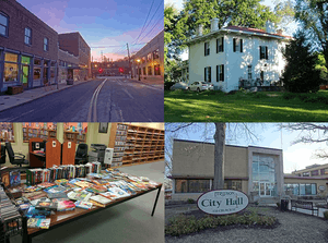 Ferguson's Church Street in 2012, the Wildwood House in 2012, the Ferguson Municipal Library in 2014, and the Ferguson City Hall in 2012.