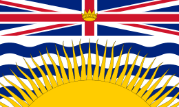 Flag with horizontally stretched Union Flag as top half. The lower half is a large yellow sun over blue and white waves.