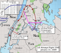 The aircraft headed approximately north after takeoff, then wheeled anti-clockwise to follow the Hudson southwards