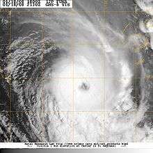 An image of a Tropical Cyclone to the southeast of Fiji. The Cyclone has an well defined eye with convection wrapping around the center