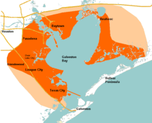 The coastline of the Gulf of Mexico runs northeast to southwest with the Galveston Bay an irregularly shaped inlet covering the upper left of the map. The bayside communities are highlighted with major towns such as Pasadena, Baytown, and Texas City explicitly labeled. Houston is labeled in the far northwest of the drawing.