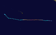 Track map of a major hurricane that starts over the eastern Pacific Ocean, heading due west for most of its duration. It bypasses Hawaii, located at the center of the image, to the south before shifting northwest and ending over water.