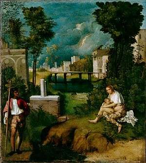 Oil painting. A mysterious landscape with Classical ruins. A man stands to the left, and to the right a nude woman feeds a baby