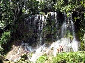 Tourists at a tropical waterfall