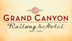 Logo for the Grand Canyon Railway with the copyrighted G and the words "Grand Canyon Railway & Hotel Est. 1901"