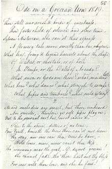 Manuscript in Keats's hand titled "Ode on a Grecian Urn 1819." It is a fair copy in pen and ink of the first two verses of the poem. The writing is highly legible, tall and elegant, with well-formed letters and a marked slope to the right. The capital letters are distinctive and artistically formed. Even-numbered lines are indented with lines 7 and 10 are further indented. A scallopy line is drawn beneath the heading and between the verses.