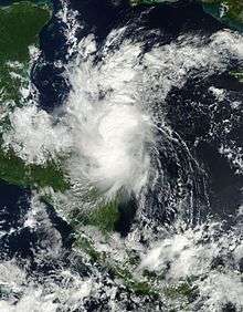 A visible satellite image of a disorganized tropical storm over northeastern Nicaragua on October 27.