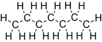 Skeletal formula of heptane of all implicit carbons shown, and all explicit hydrogens added