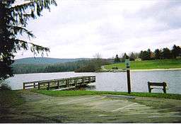 A dock on a lake surrounded by trees and low mountains, with a beach on the opposite shore