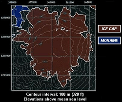 Map of a large ice mass and glacial debris deposits. Lines on map show the relief of the ice field from the height of the mountain it lies on.