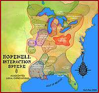 A northerly section focusing on the Saugeen, Laurel and Point Peninsula complexes of the map showing south eastern United States and the Great Lakes area of Canada showing the Hopewell Interaction Sphere and in different colours the various local expressions of the Hopewell cultures, including the Laurel Complex, Saugeen Complex, Point Peninsula Complex, Marksville culture, Copena culture, Kansas City Hopewell, Swift Creek Culture, Goodall Focus, Crab Orchard culture and Havana Hopewell culture.