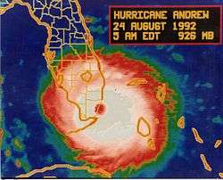 A satellite and map showing an intense hurricane striking South Florida