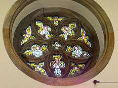  interior of church, showing round window