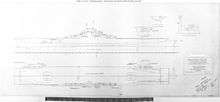 A black and white blueprint of a ship with a flat deck designed to launch and recover airplanes. Medium sized guns line the bridge area, while notes and a ruler outline points of interest and the estimated length of the designed ship.