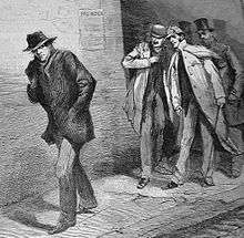 Drawing of a man with a pulled-up collar and pulled-down hat walking alone on a street watched by a group of well-dressed men behind him