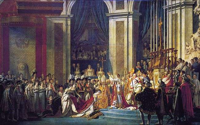 Colored painting depicting Napoleon crowning his wife inside of a cathedral