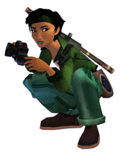 The rendered picture of a woman with dark hair and skin, carrying a camera, and wearing several pieces of green clothing