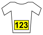 A white jersey with a yellow number bib.