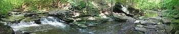 A panoramic view of a rocky creek with a small waterfall at left in a deciduous forest during the summer.