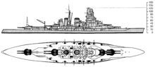 an American intelligence drawing of Kongō from the starboard side, giving particular shaded emphasis to her main and secondary guns