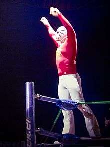 Masked wrestler La Máscara posing on the ring ropes prior to a match.