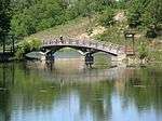 Japanese-style bridge in the East Lagoon in Marquette Park.