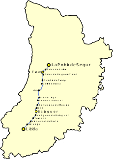 Route map of the Lleida–La Pobla Line within the province of Lleida.