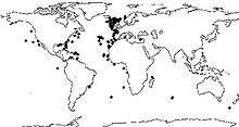 Map showing concentration of L. pertusa with greatest density in the Northeast Atlantic