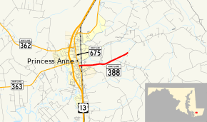 A map of lower Eastern Shore of Maryland showing major roads.  Maryland Route 388 runs east from Princess Anne.