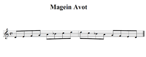 a visual representation of the Magein Avot scale D, E, F, G, A, B♭, C, D