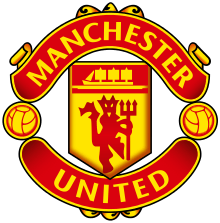 The words "Manchester" and "United" surround a pennant featuring a ship in full sail and a devil holding a trident.